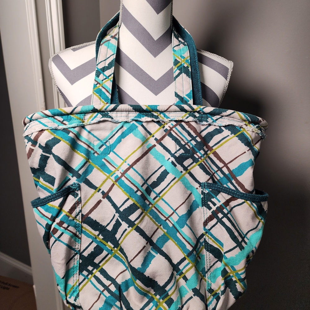Thirty-One Teal and Gray Plaid Tote Bag